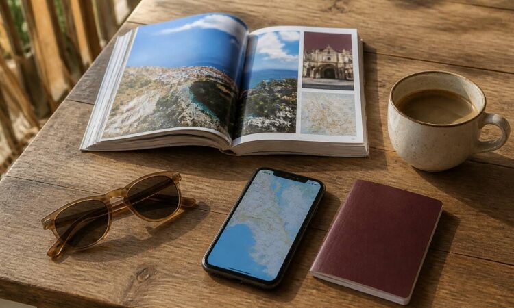 Reisgids, smartphone en vakantiebenodigdheden op tafel tijdens het vergelijken van vakanties