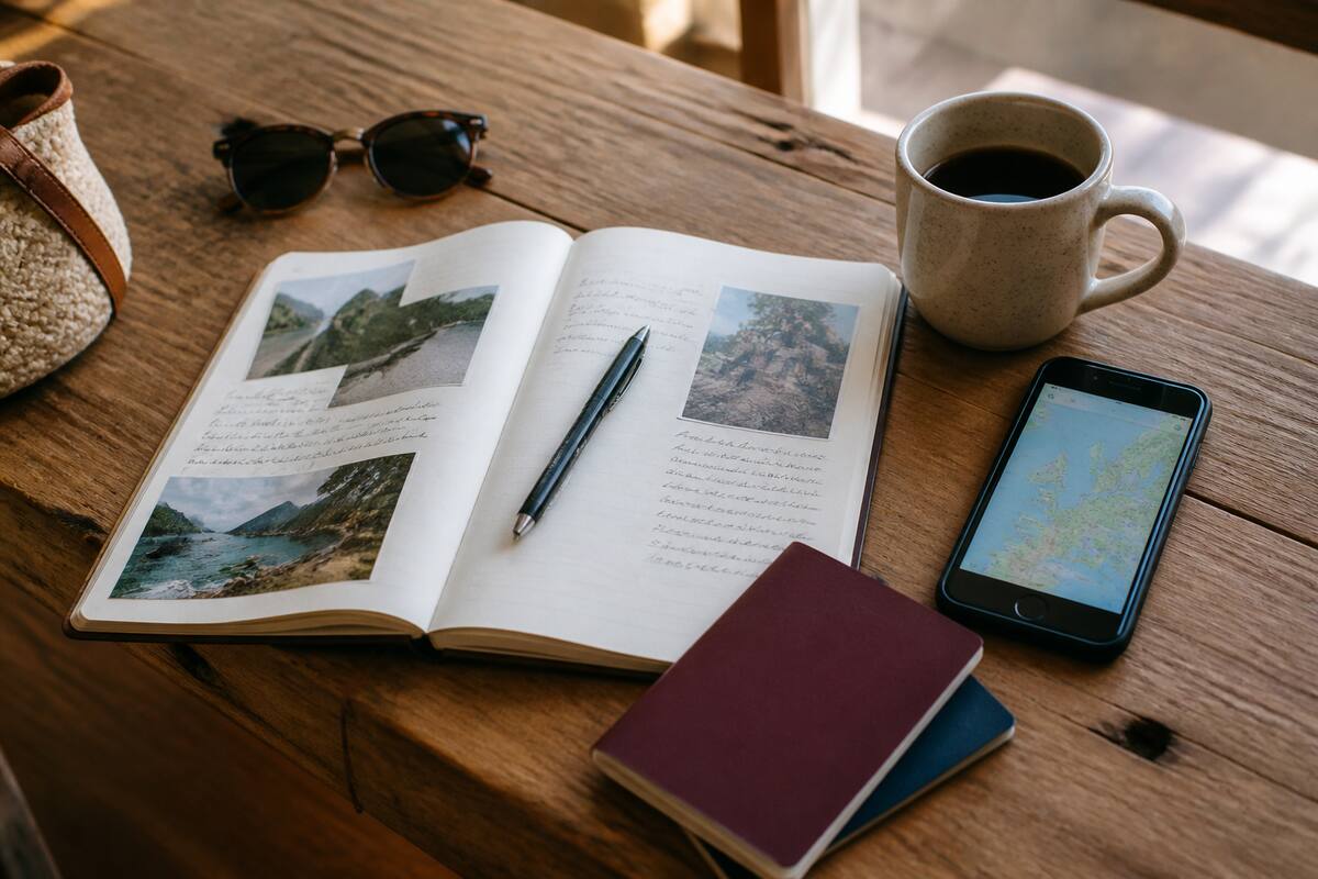 Reisnotitieboek met paspoorten en vakantieplanning op tafel