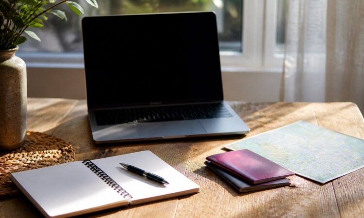 Reisplanning met laptop, notitieboek en paspoorten op tafel