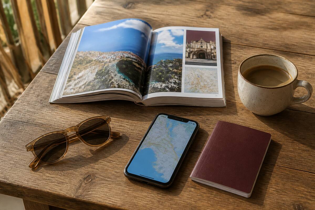 Reisgids, smartphone en vakantiebenodigdheden op tafel tijdens het vergelijken van vakanties