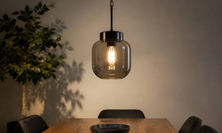 Glazen hanglamp boven eettafel met warm interieurlicht