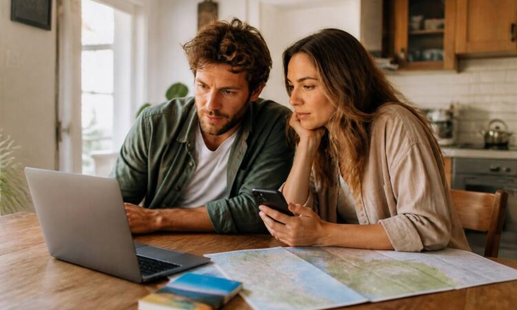 Vakanties vergelijken aan tafel met laptop en reisdocumenten