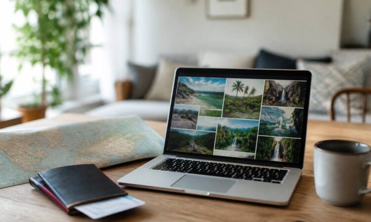 Reizen en vakanties vergelijken op laptop met reisdocumenten