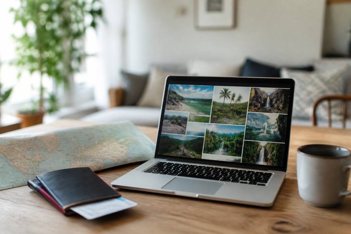 Reizen en vakanties vergelijken op laptop met reisdocumenten