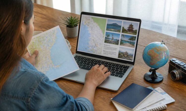 Reiziger die op een laptop reisroutes en vakanties vergelijkt met paspoort en kaartmateriaal