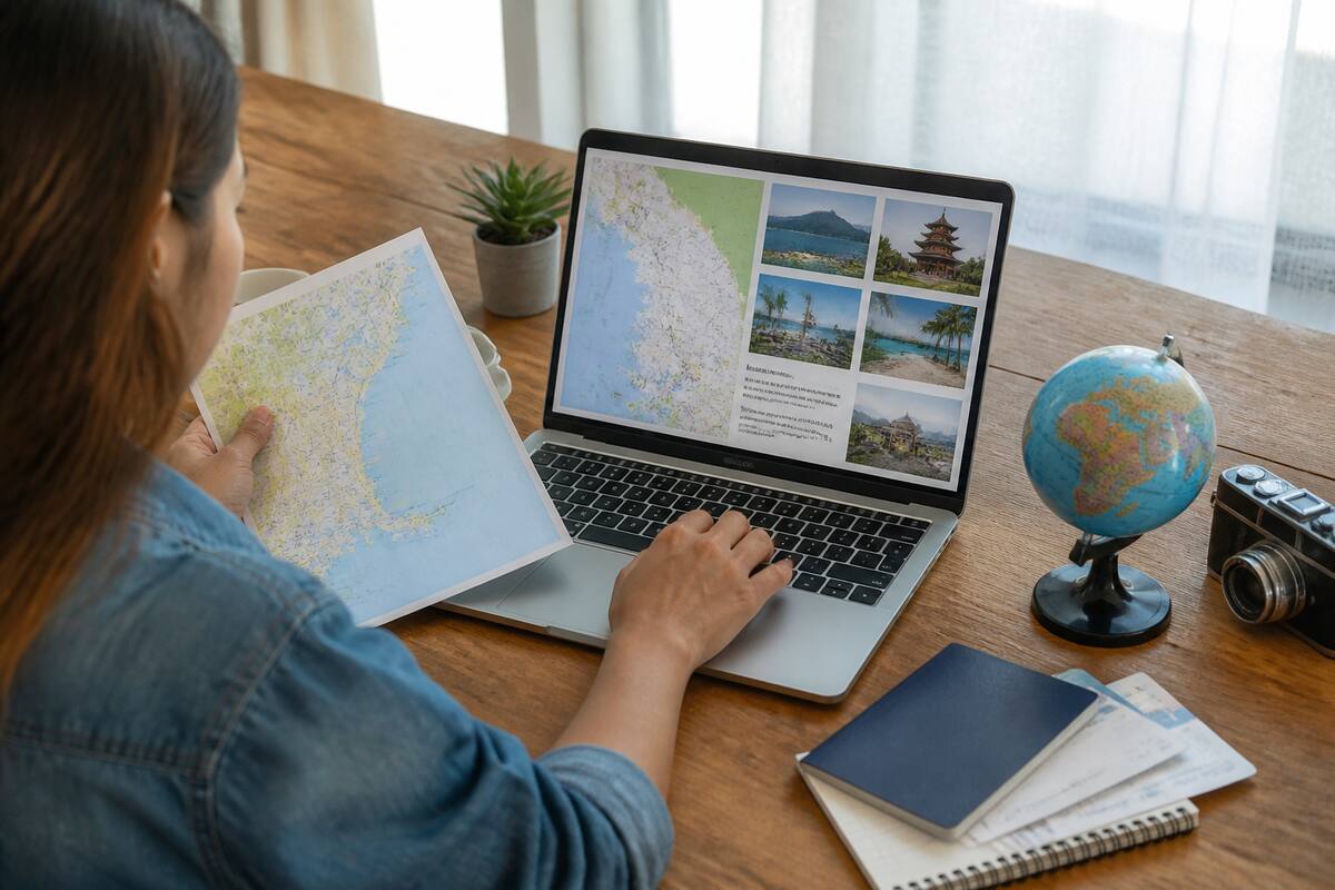 Reiziger die op een laptop reisroutes en vakanties vergelijkt met paspoort en kaartmateriaal