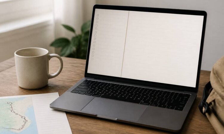 Reischecklist op laptop met reisnotities en kleine voorbereidingen voor het vergelijken van vakanties