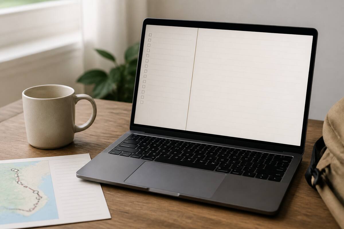 Reischecklist op laptop met reisnotities en kleine voorbereidingen voor het vergelijken van vakanties
