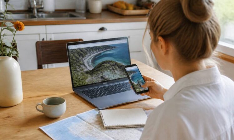 Reiziger vergelijkt vakantieopties op laptop en smartphone