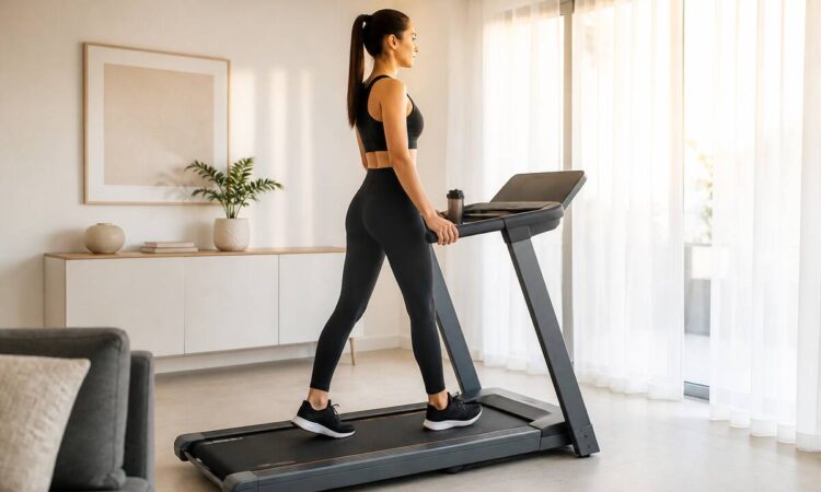 Loopband in huis met natuurlijke belichting, klaar voor veilige training