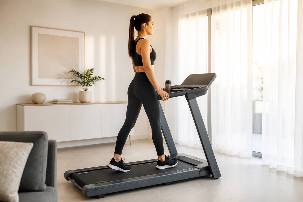 Loopband in huis met natuurlijke belichting, klaar voor veilige training