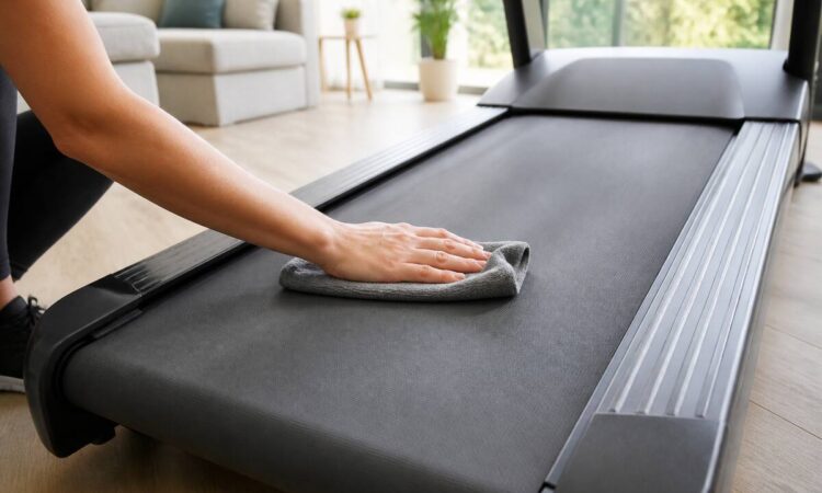Iemand maakt het loopdek van een loopband schoon met een microvezeldoek