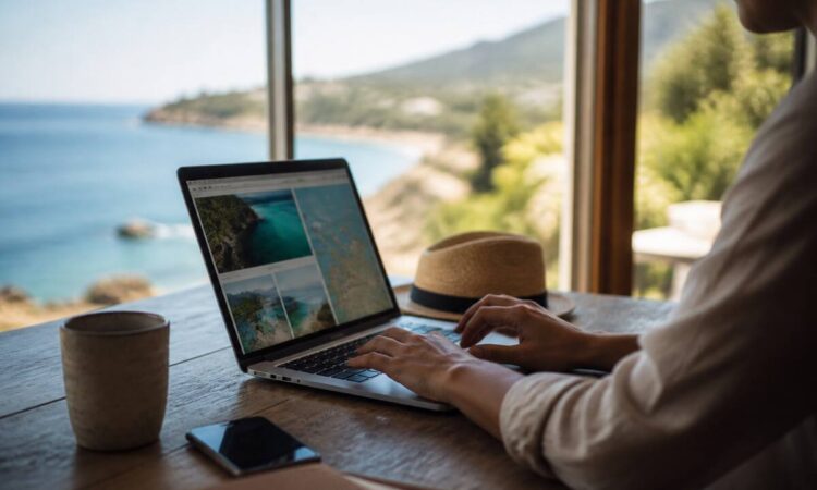 Vakantie vergelijken op een laptop aan een houten tafel met uitzicht op een kust