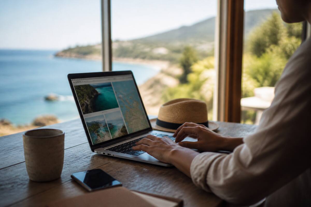 Vakantie vergelijken op een laptop aan een houten tafel met uitzicht op een kust